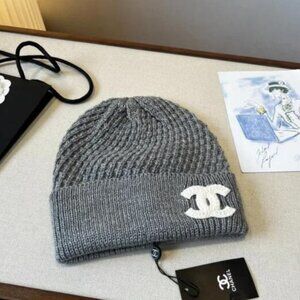 Chanel Gray Knit Beanie with Classic Logo